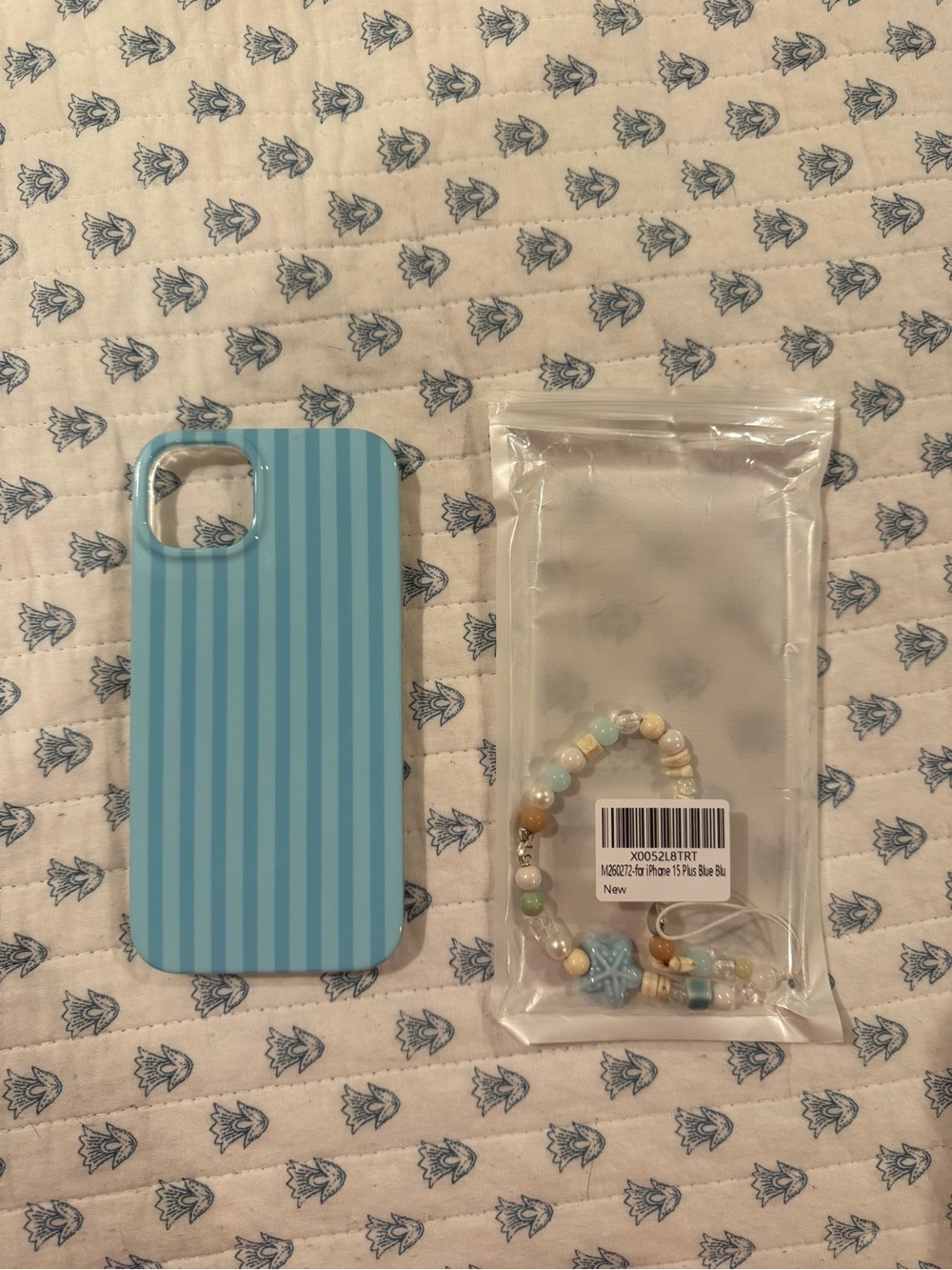 Amazon Blue Striped Phone Case with Pastel Beaded Charm